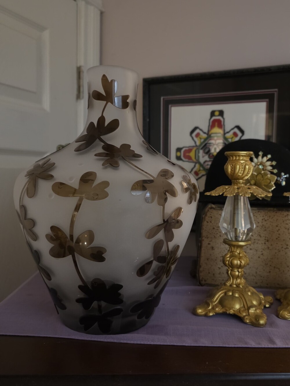 90's Cameo Vase, Frosted Glass Vase with Brown Floral Overlay